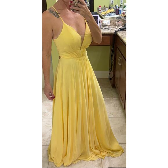 Abby Paris formal Gown 8 Butter Cup yellow Illusion plunging open back NWT $338 - Picture 2 of 15